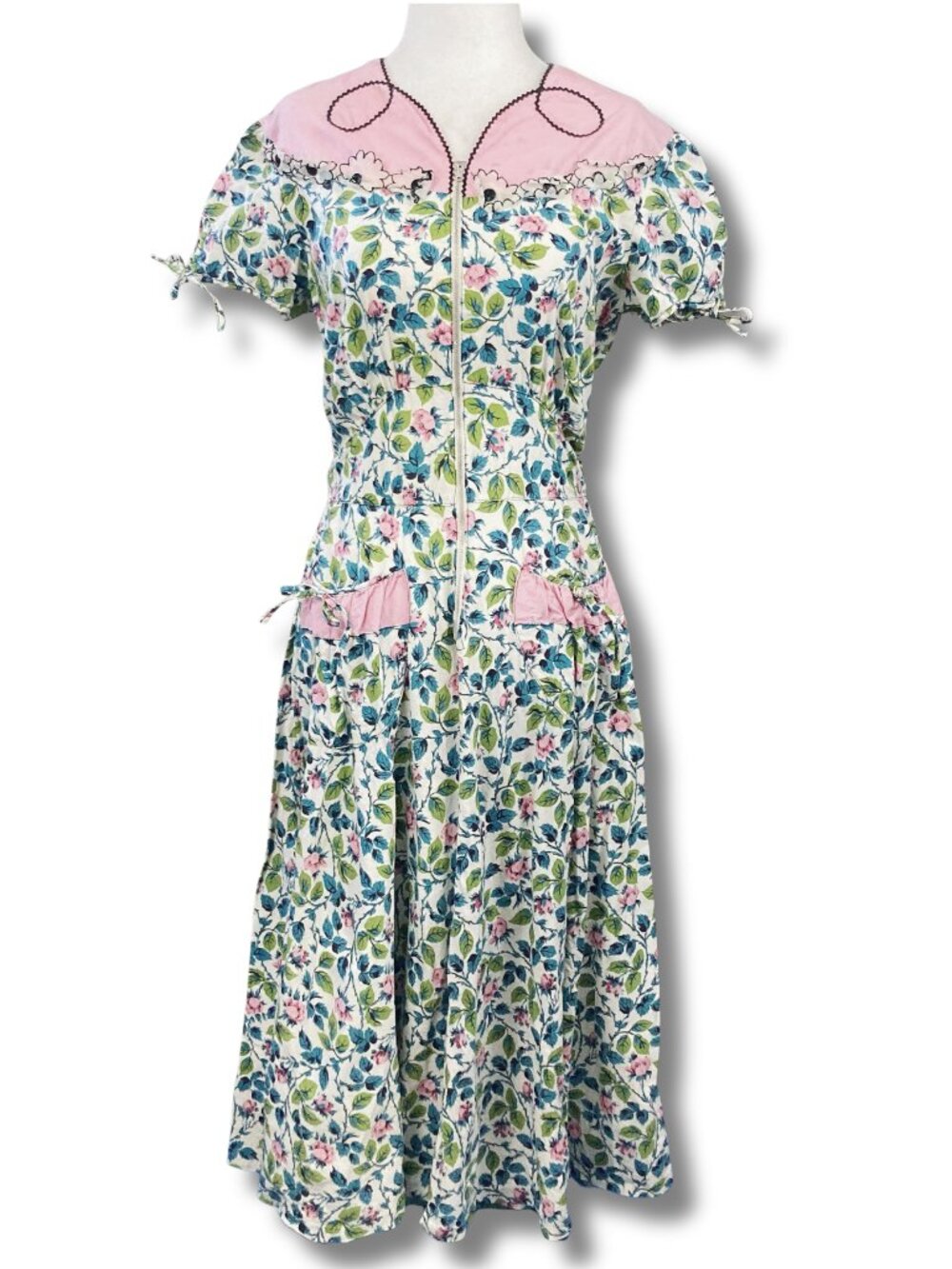 MID-CENTURY VINTAGE 1950s Rose print short-sleeve dress w/ pockets SMALL MEDIUM